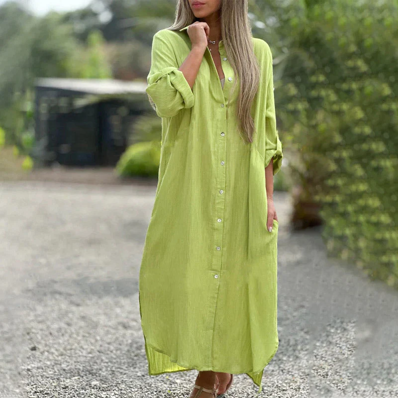 Alexa | Women's Maxi Shirt Dress Button-Up Long Sleeve Side Slit - Image 8