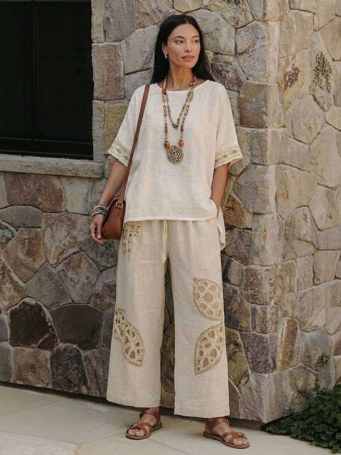 Alma | Women's Embroidered Two-Piece Set Wide Leg Pants Tunic Top - Image 56
