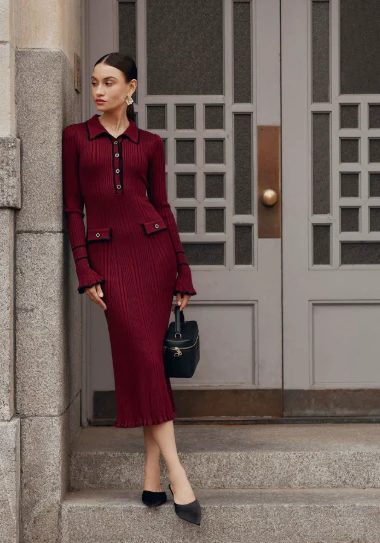 Audrey | Women's Ribbed Knit Button Front Midi Dress - Image 4