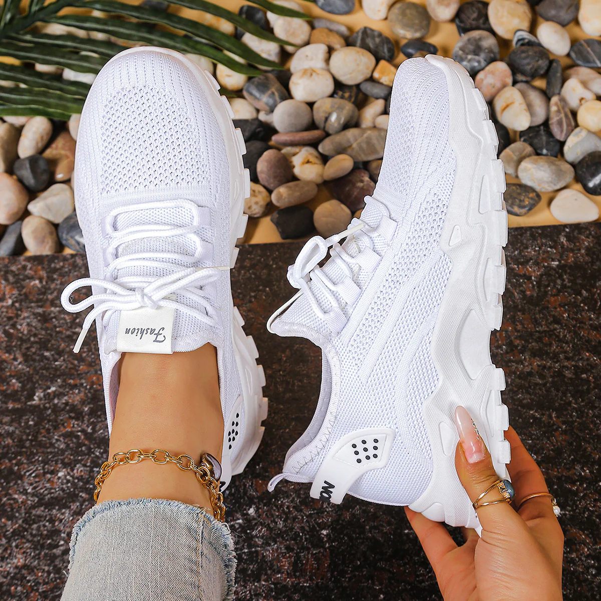 Aura | Women's Knit Mesh Lace-Up Chunky Sole Trainers - Image 7