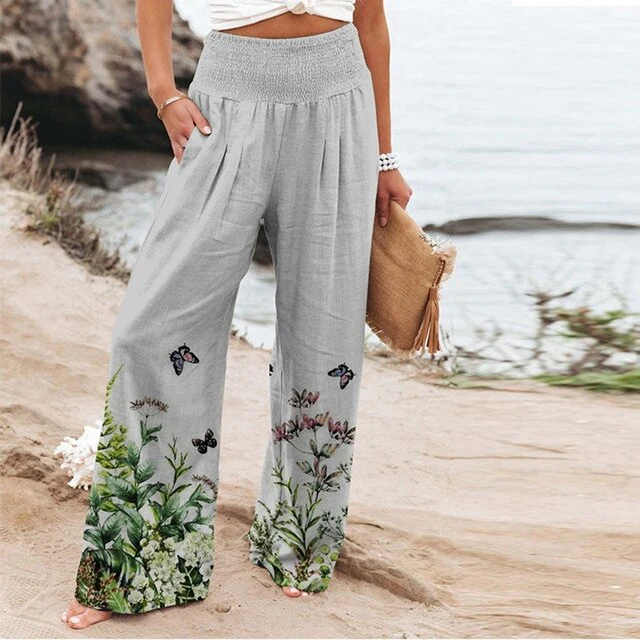 Bella | Women's Wide-Leg Floral Border Print Trousers with Smocked Waist - Image 2