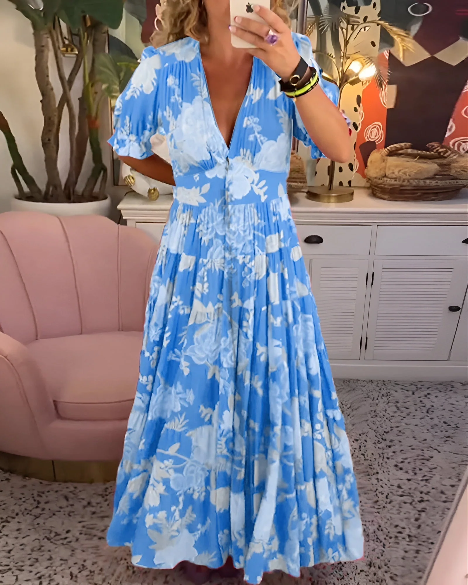 Carine | Floral Print V-Neck Pocket Dress - Image 2
