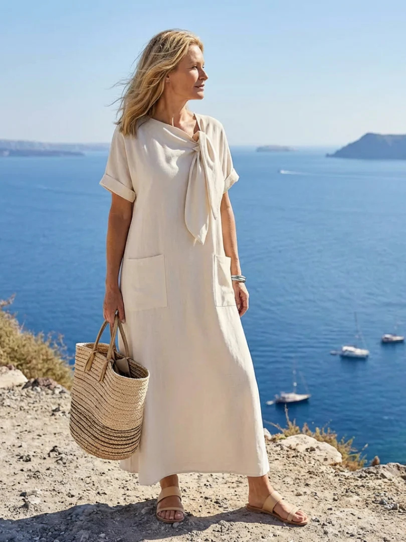 Catalina | Women's Tie Neck Short Sleeve Maxi Dress - Image 3