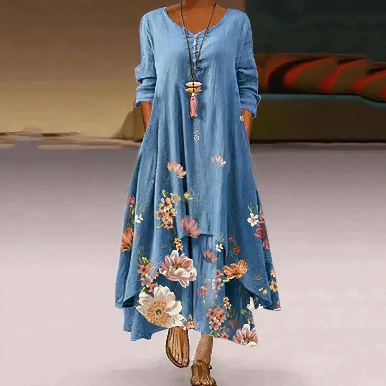 Celeste | Women's Floral Maxi Dress with Long Sleeves & Asymmetric Hem - Image 4