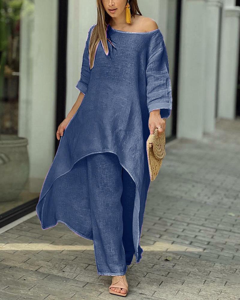 Clarisse | Women's Linen Two-Piece Set Asymmetric Top & Wide-Leg Trousers - Image 9