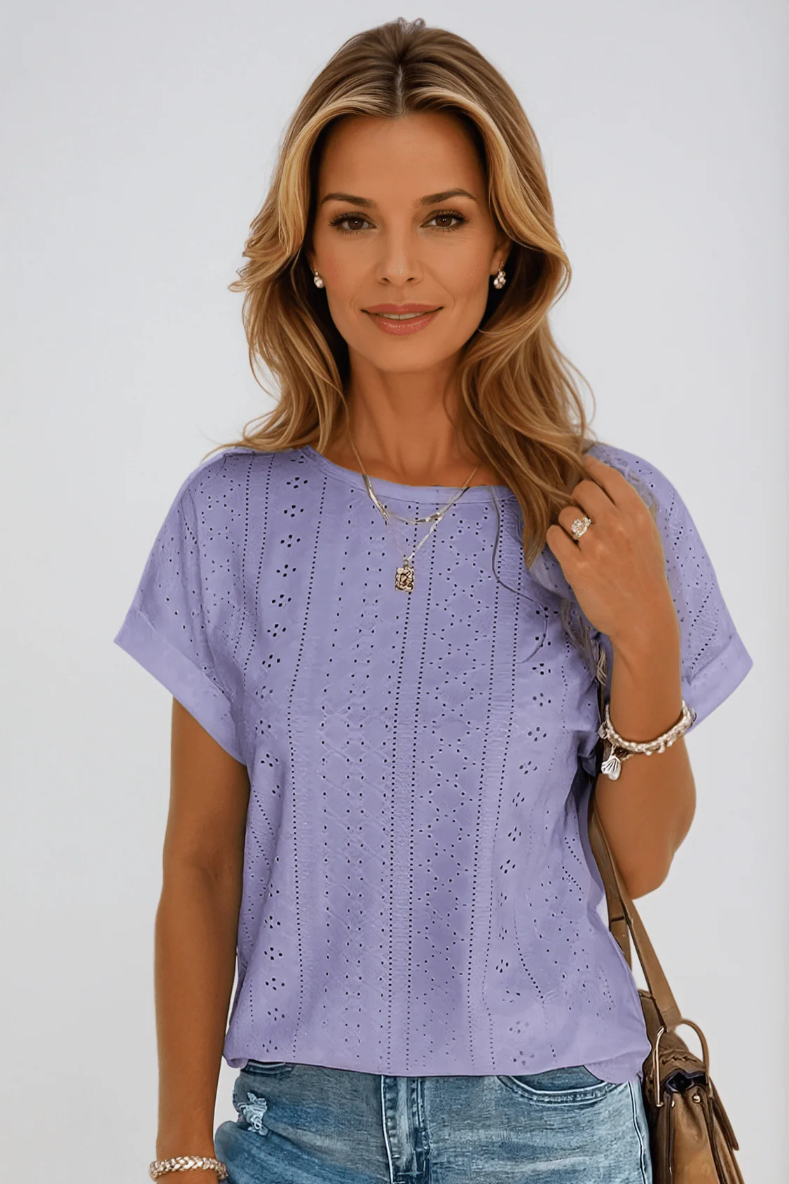 Clover | Women's Eyelet Short Sleeve Top Casual Crew Neck - Image 5