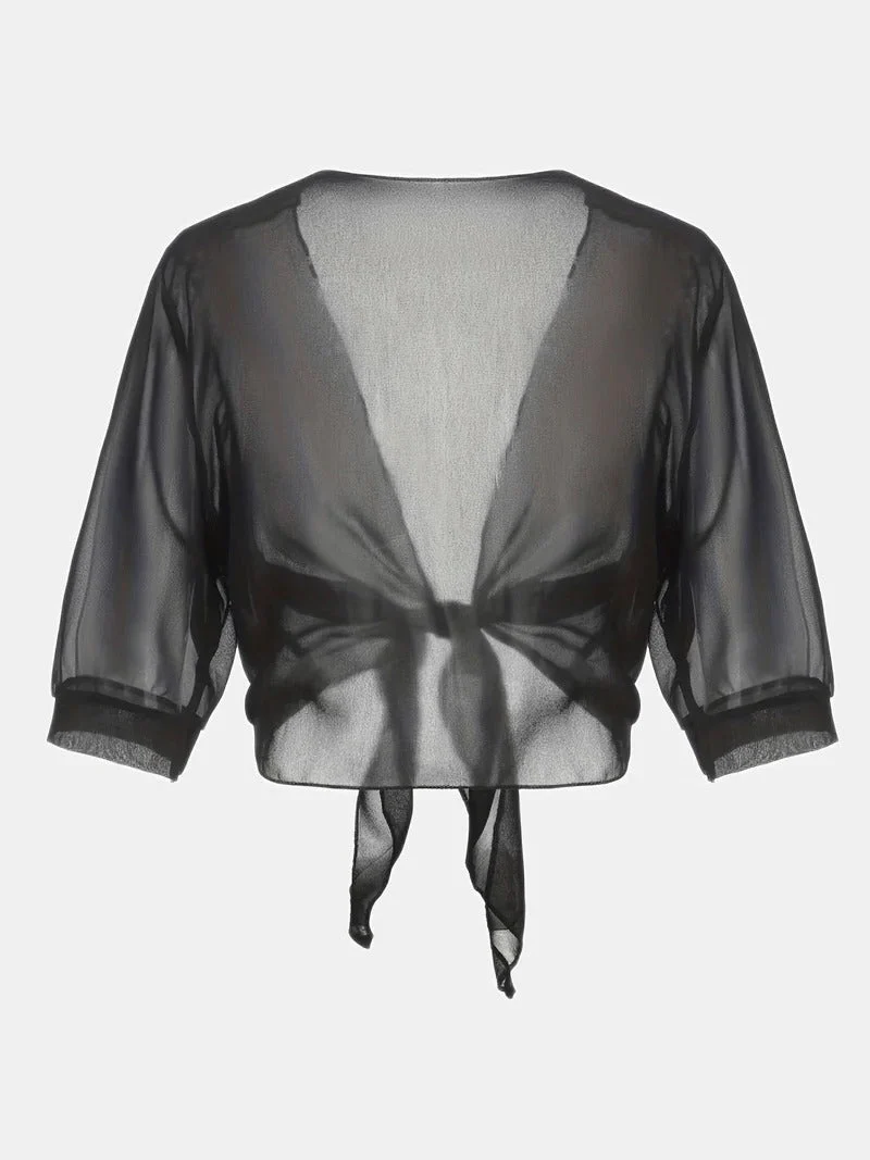 Dahlia | Women's Sheer Chiffon Tie Front Crop Cardigan Top - Image 13