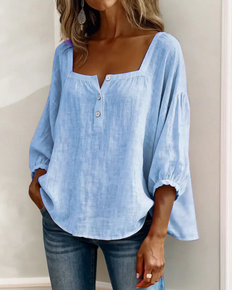 Daisy | Women's Square Neck Puff Sleeve Linen Blouse 3/4 Sleeve - Image 6
