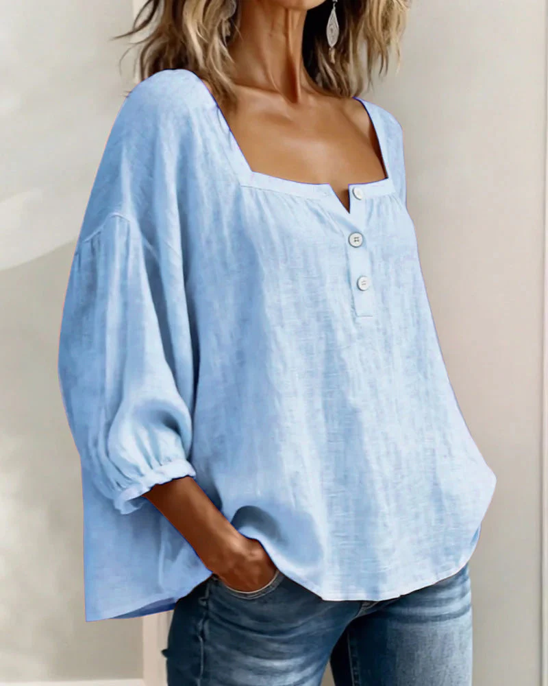 Daisy | Women's Square Neck Puff Sleeve Linen Blouse 3/4 Sleeve - Image 8