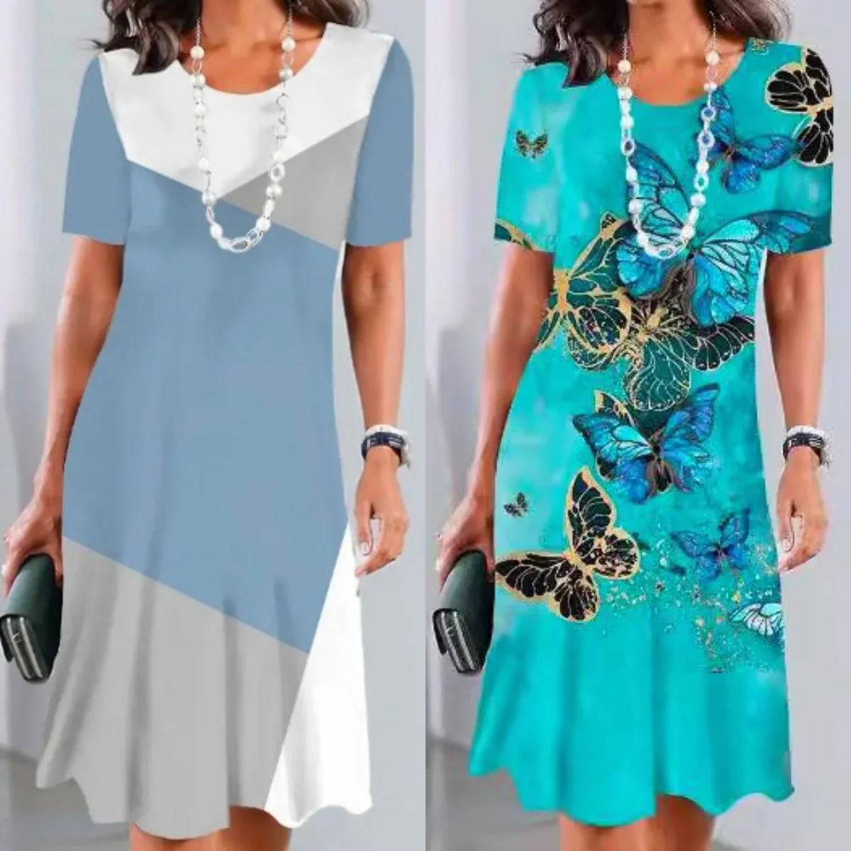 Dalia | Women's Colour Block Print Midi Dress Short Sleeve Round Neck Dress - Image 5