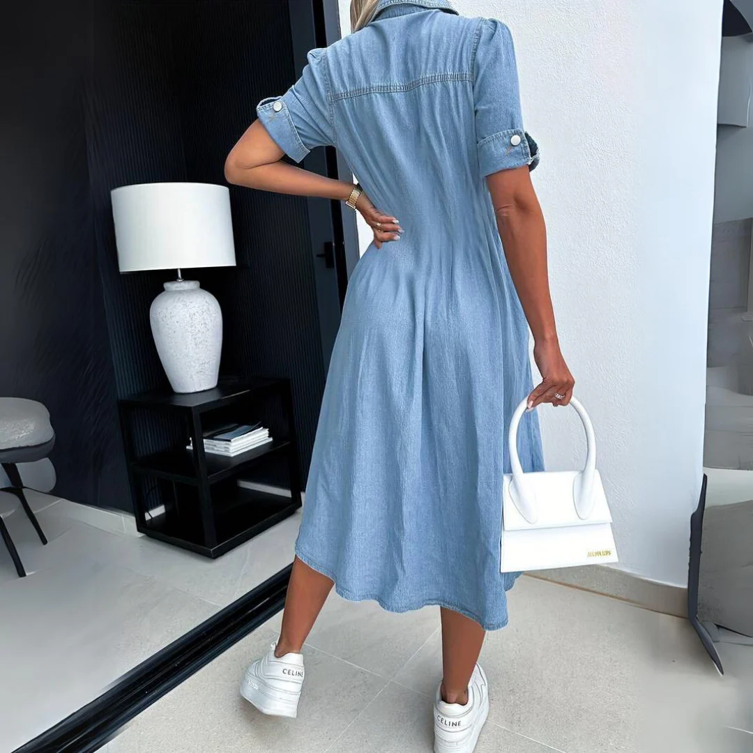 Demi | Women's Denim Shirt Dress Button Front Midi Skirt - Image 5