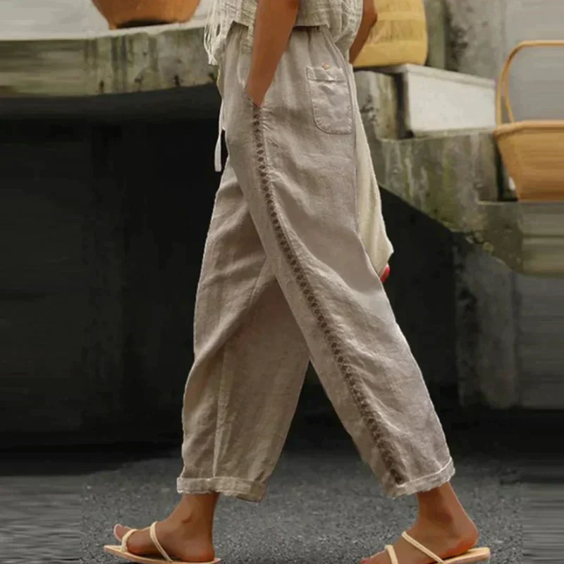 Demi | Women's Wide Leg Linen Trousers with Drawstring Waist - Image 4