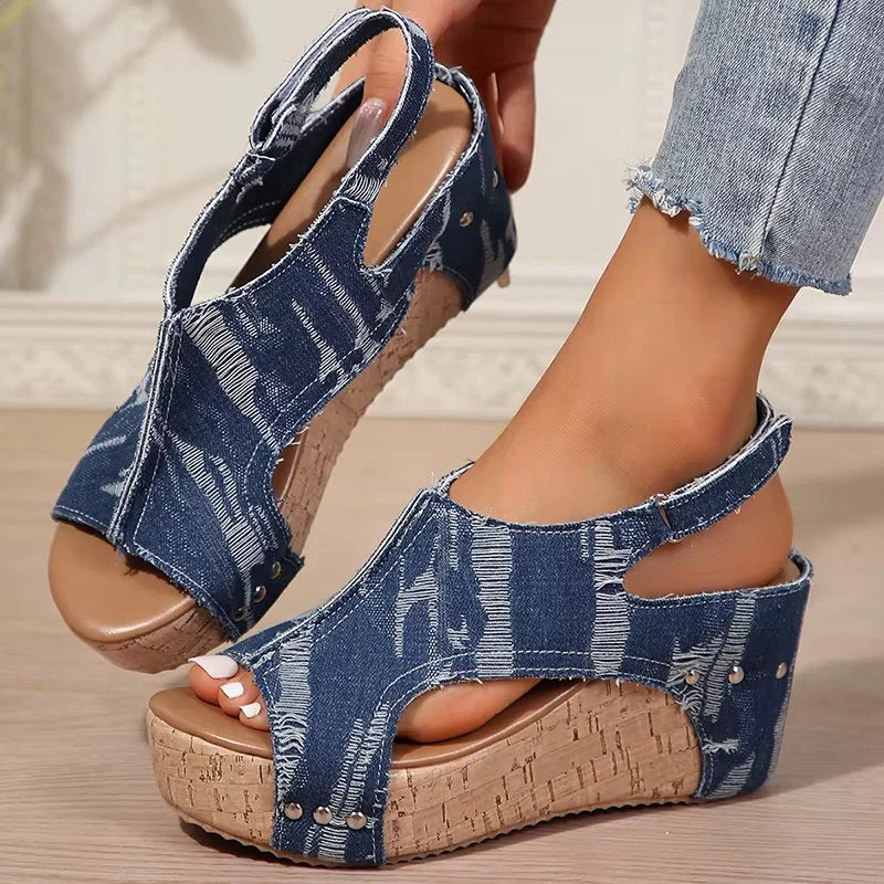 DenimLift™ | Women Cork Denim Wedge Sandals - Image 6