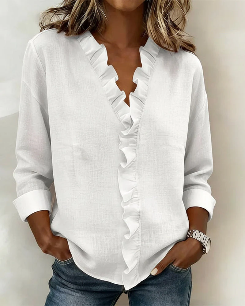 Elise | Women's Ruffle V-Neck Long Sleeve Button Up Blouse - Image 4