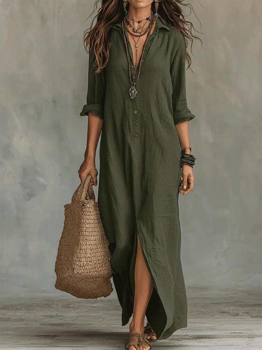 Evangelyn | Women's Button Down V-Neck Maxi Dress - Image 7