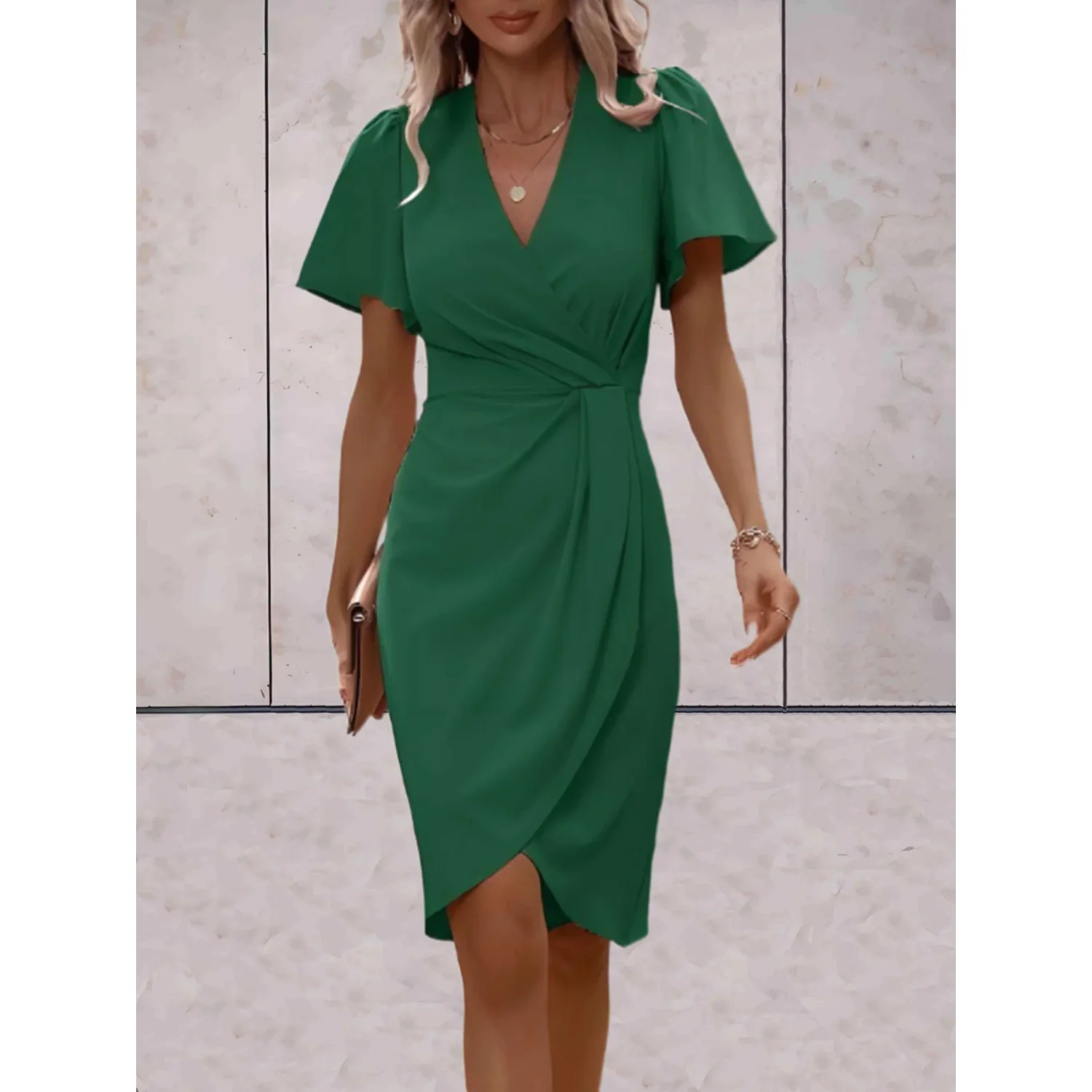 Evelina | Women's Wrap Midi Dress V-Neck Flutter Sleeve Belted Occasion Dress - Image 4