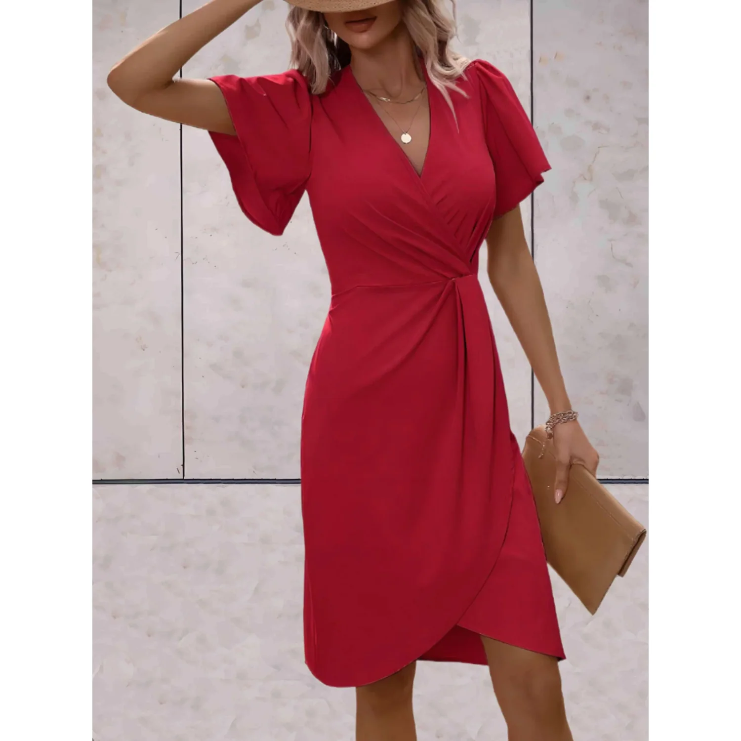 Evelina | Women's Wrap Midi Dress V-Neck Flutter Sleeve Belted Occasion Dress - Image 6