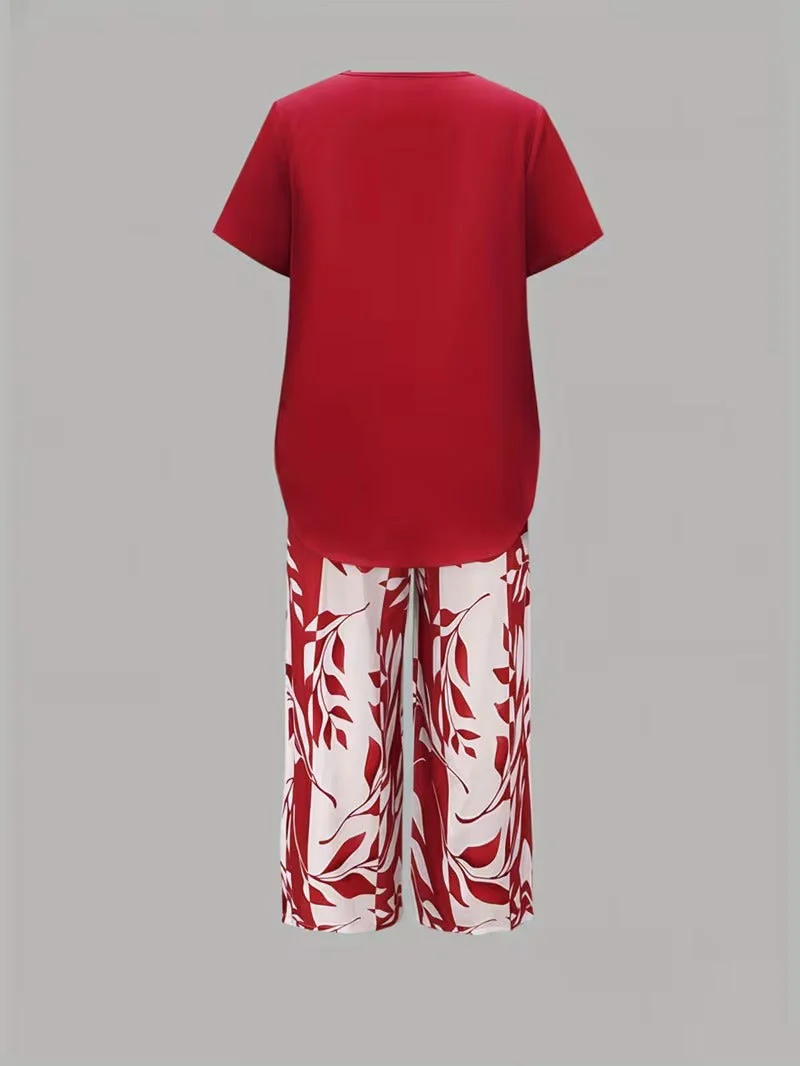Evelira | Women's Leaf Print Two Piece Wide Leg Set - Image 12