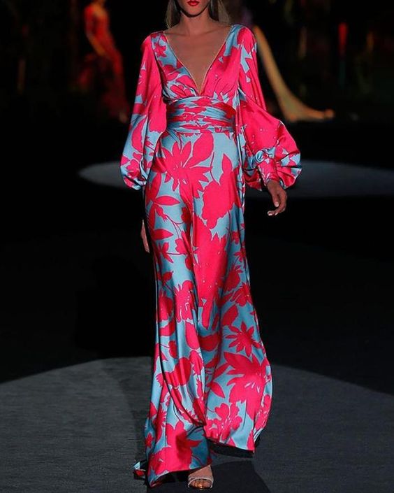 Flora | Women's Wrap Maxi Dress with Puff Sleeves & Leaf Print