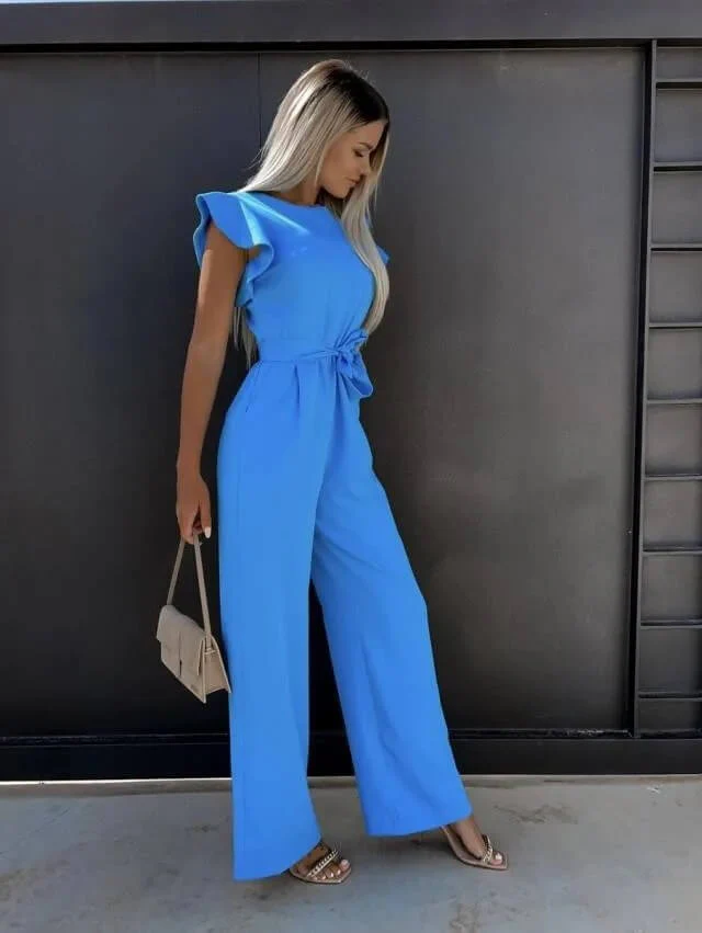 Florentine | Women's Ruffle Sleeve Wide-Leg Jumpsuit Belted Formal Playsuit - Image 10
