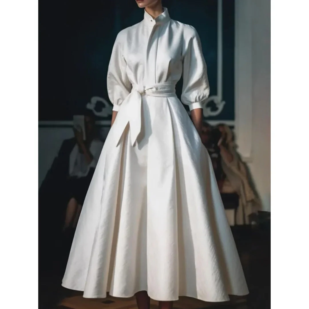 Grace | Women's Wrap Shirt Collar Midi Dress Bow Tie Waist - Image 2
