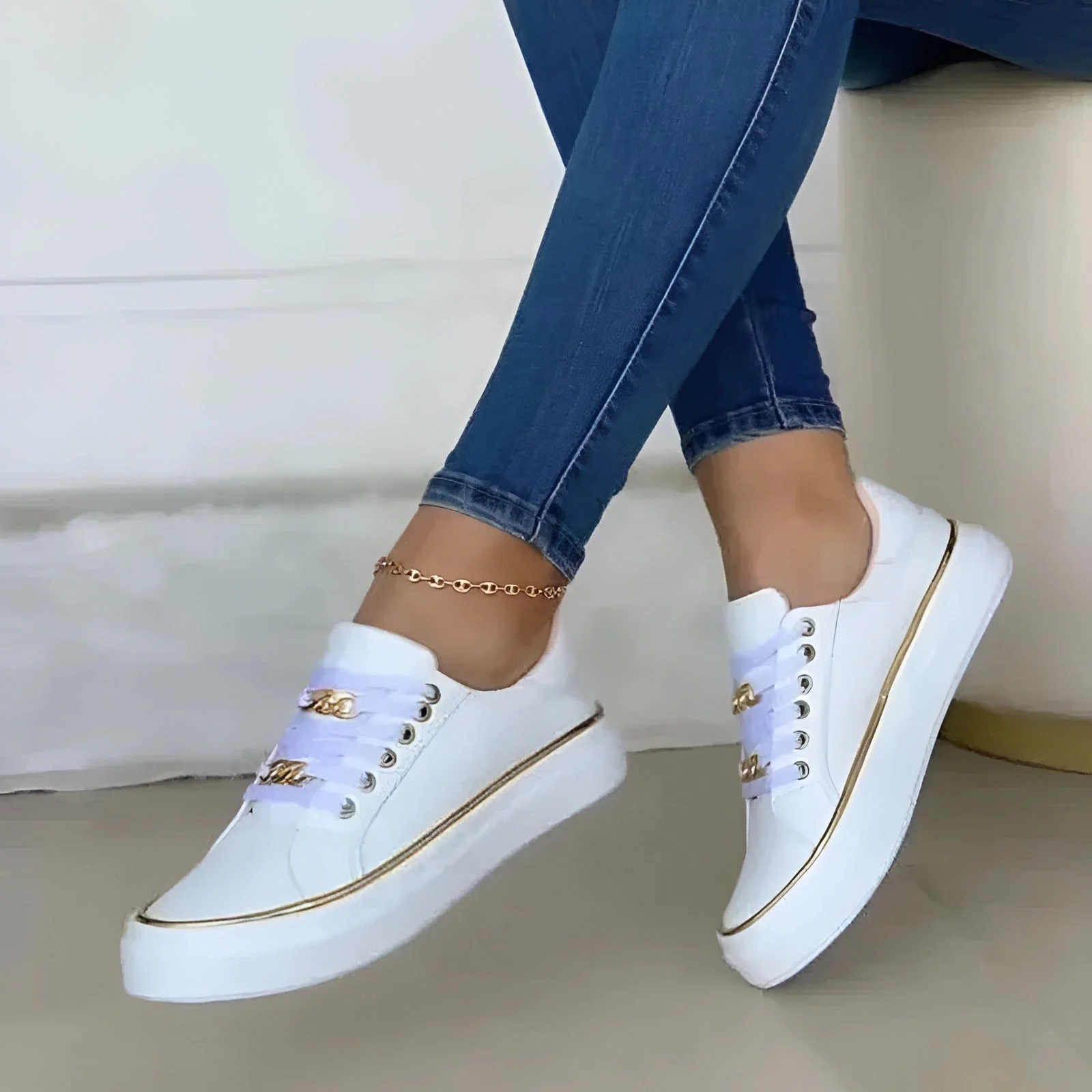 Harlow | Women's Lace-Up Flatform Sneakers Gold Chain Detail - Image 4