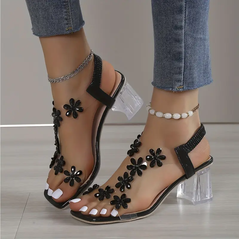 Frieda™ | Women's Flower Rhinestone Block Heel Sandals - Image 4