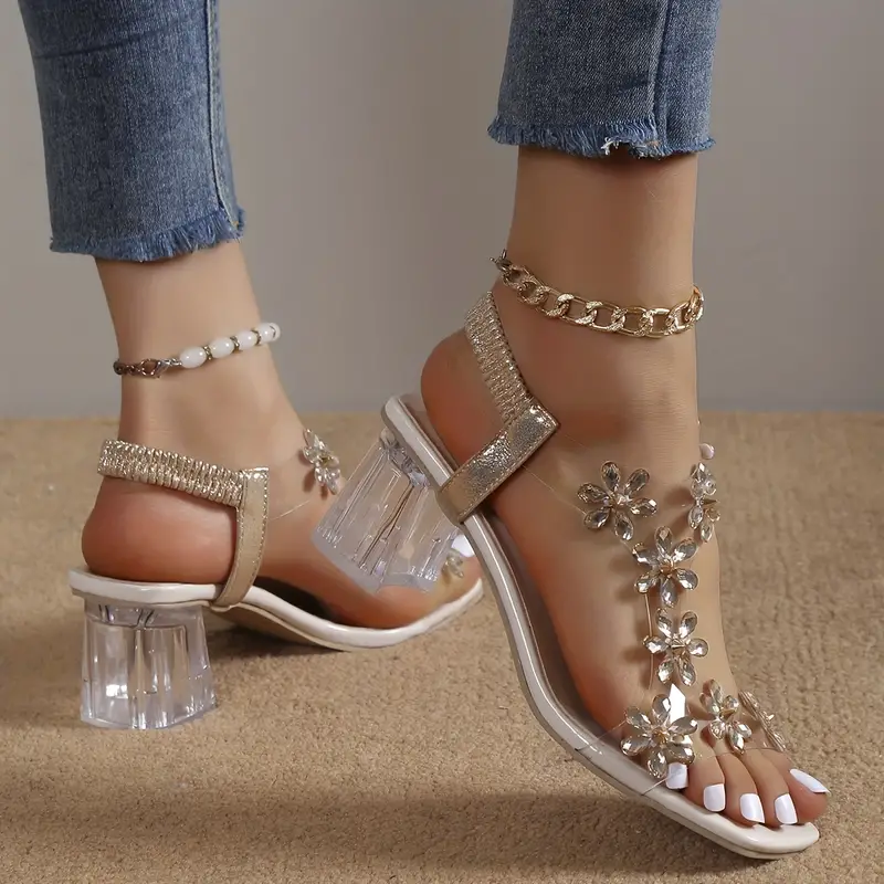 Frieda™ | Women's Flower Rhinestone Block Heel Sandals - Image 9