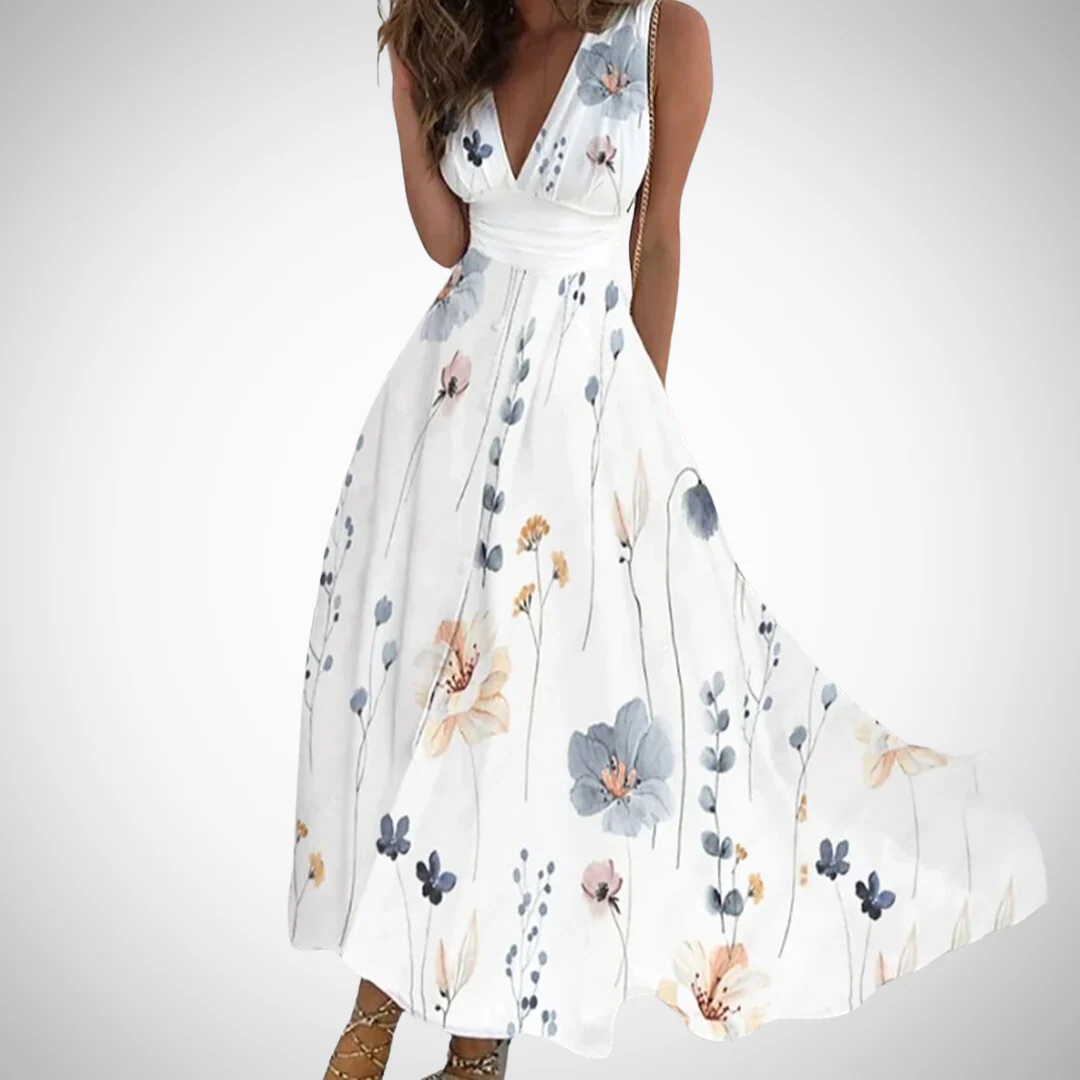 Iris | Women's Floral V-Neck Sleeveless Fit and Flare Maxi Dress - Image 4