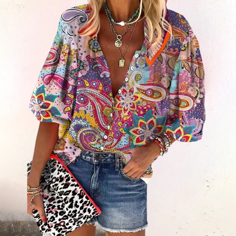 Isla | Women's Boho Print V-Neck Blouse with Bell Sleeves - Image 2