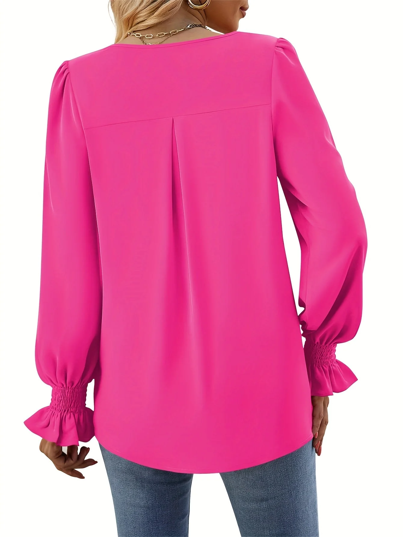 Isla | Women's V-Neck Blouse Long Sleeve Smocked Cuff Top - Image 12