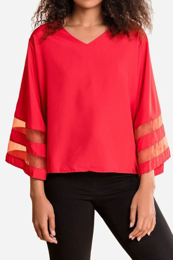 Ivy | Women's Mesh Panel Bell Sleeve Top V-Neck Loose Fit - Image 5