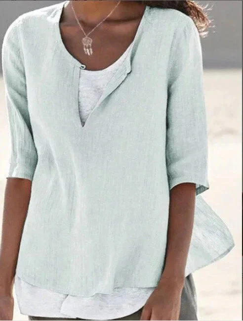 Cleo | Women's 3/4 Sleeve V-Neck Layered Linen Casual Blouse - Image 5