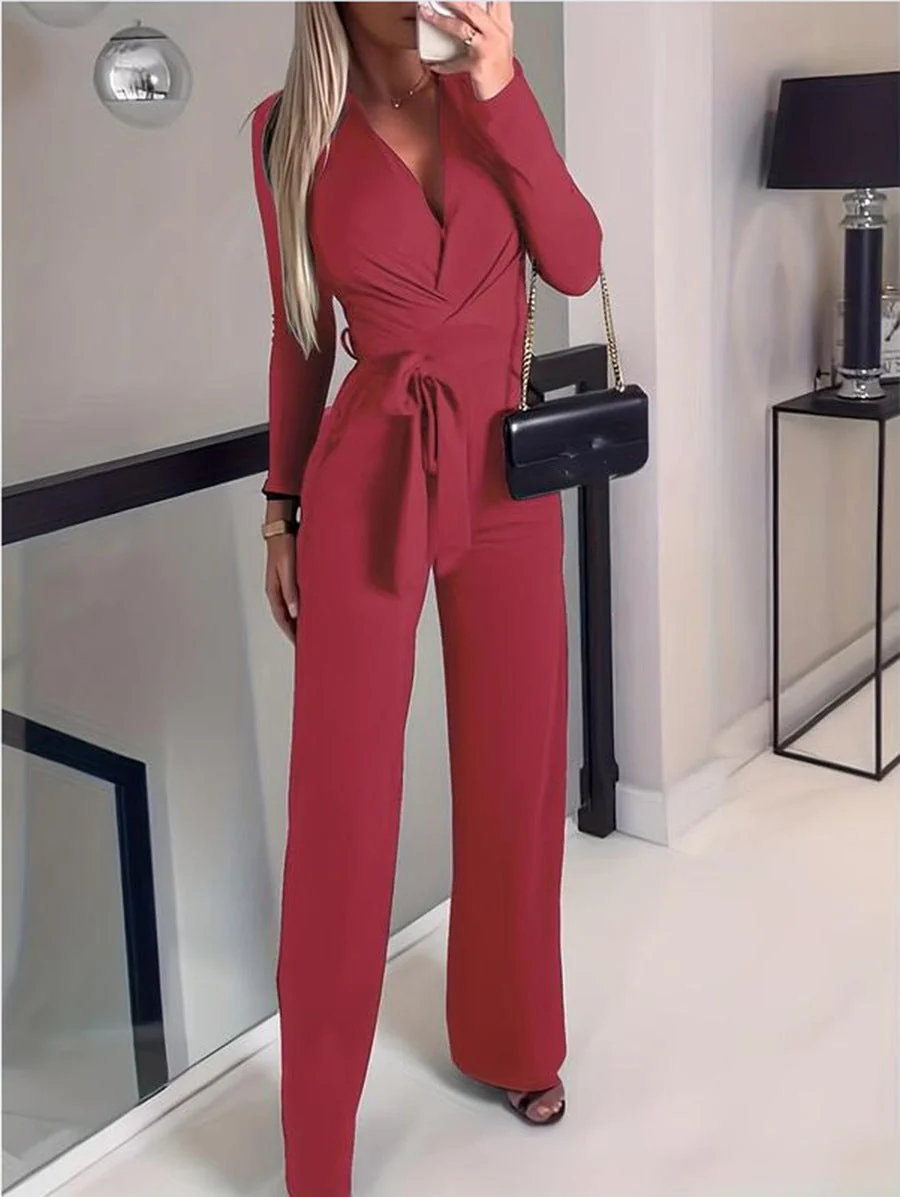 Jennive | Women's Wrap V-Neck Belted Wide Leg Jumpsuit - Image 4