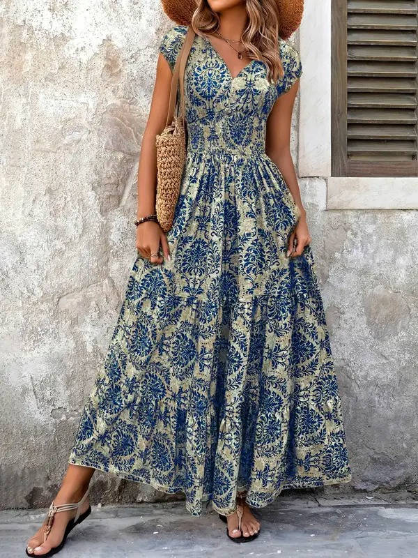 Lena | Women's Boho Smocked Waist V-Neck Tiered Maxi Dress - Image 5