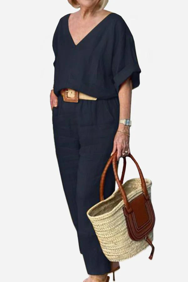 Lena | Women's V-Neck Two-Piece Set Short Sleeve Top Straight Pants - Image 15