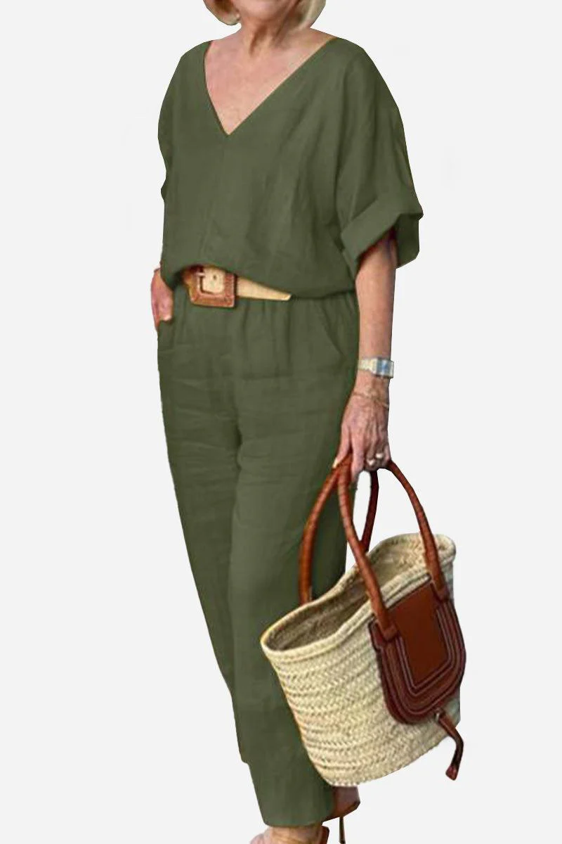 Lena | Women's V-Neck Two-Piece Set Short Sleeve Top Straight Pants - Image 6