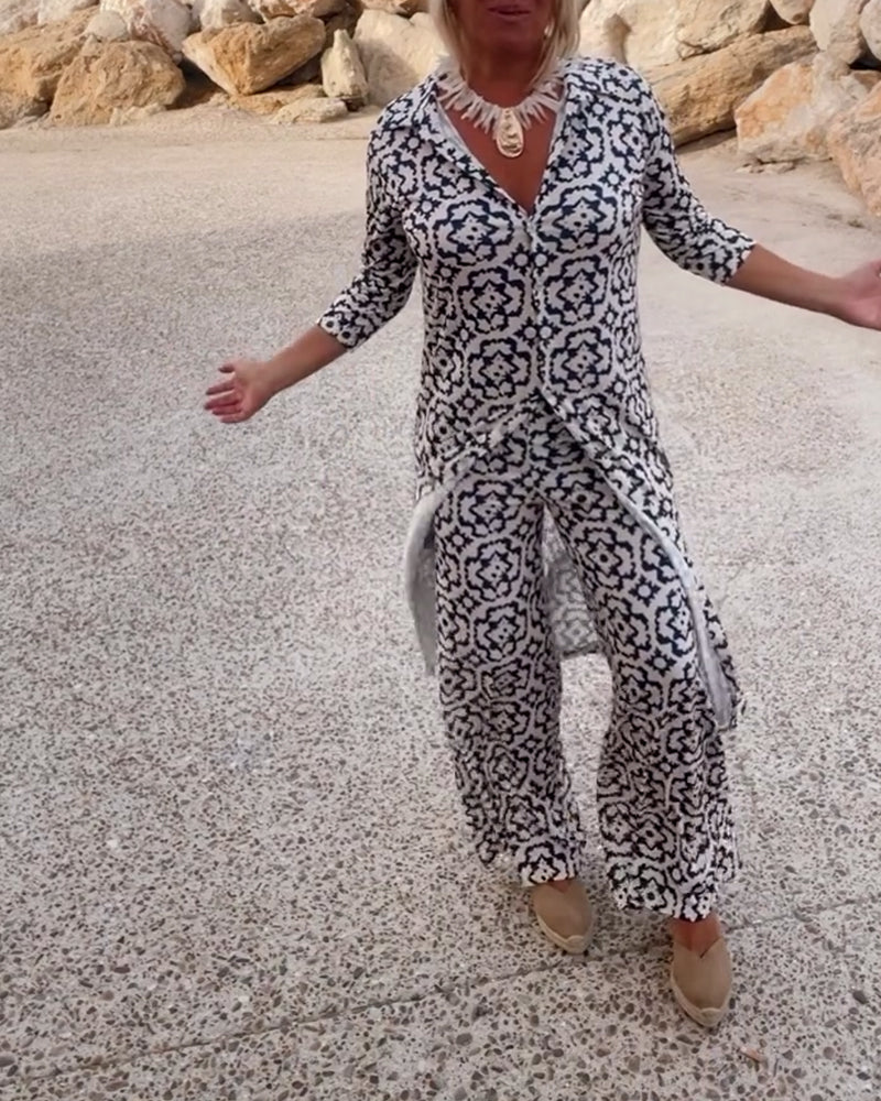 Livia | Women's Printed Two-Piece Set V-Neck Blouse & Wide-Leg Trousers - Image 2
