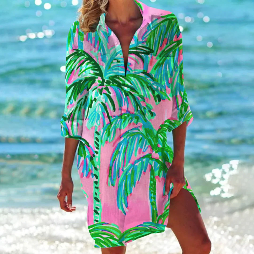 Lola | Women's Printed Long Sleeve Beach Cover Up Shirt Dress - Image 3