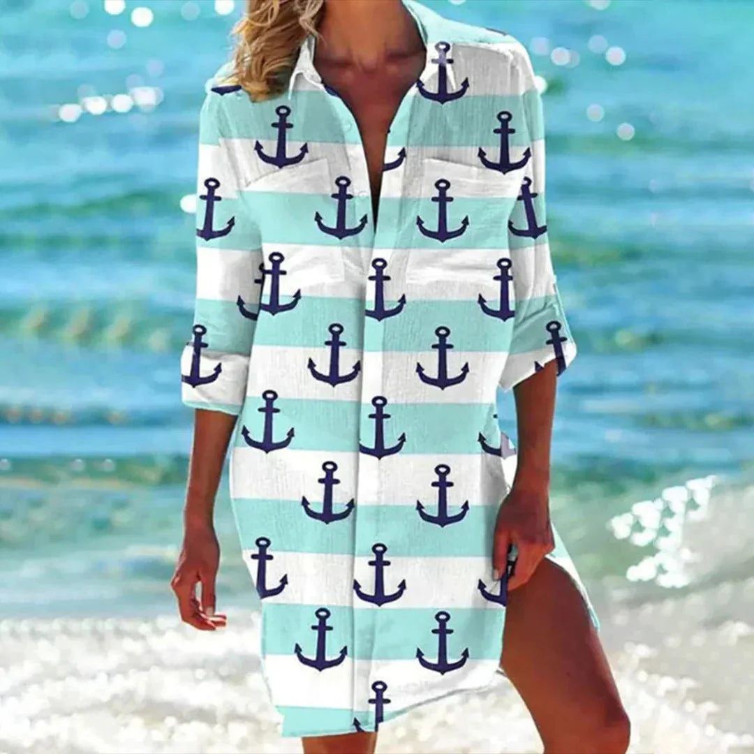 Lola | Women's Printed Long Sleeve Beach Cover Up Shirt Dress - Image 5