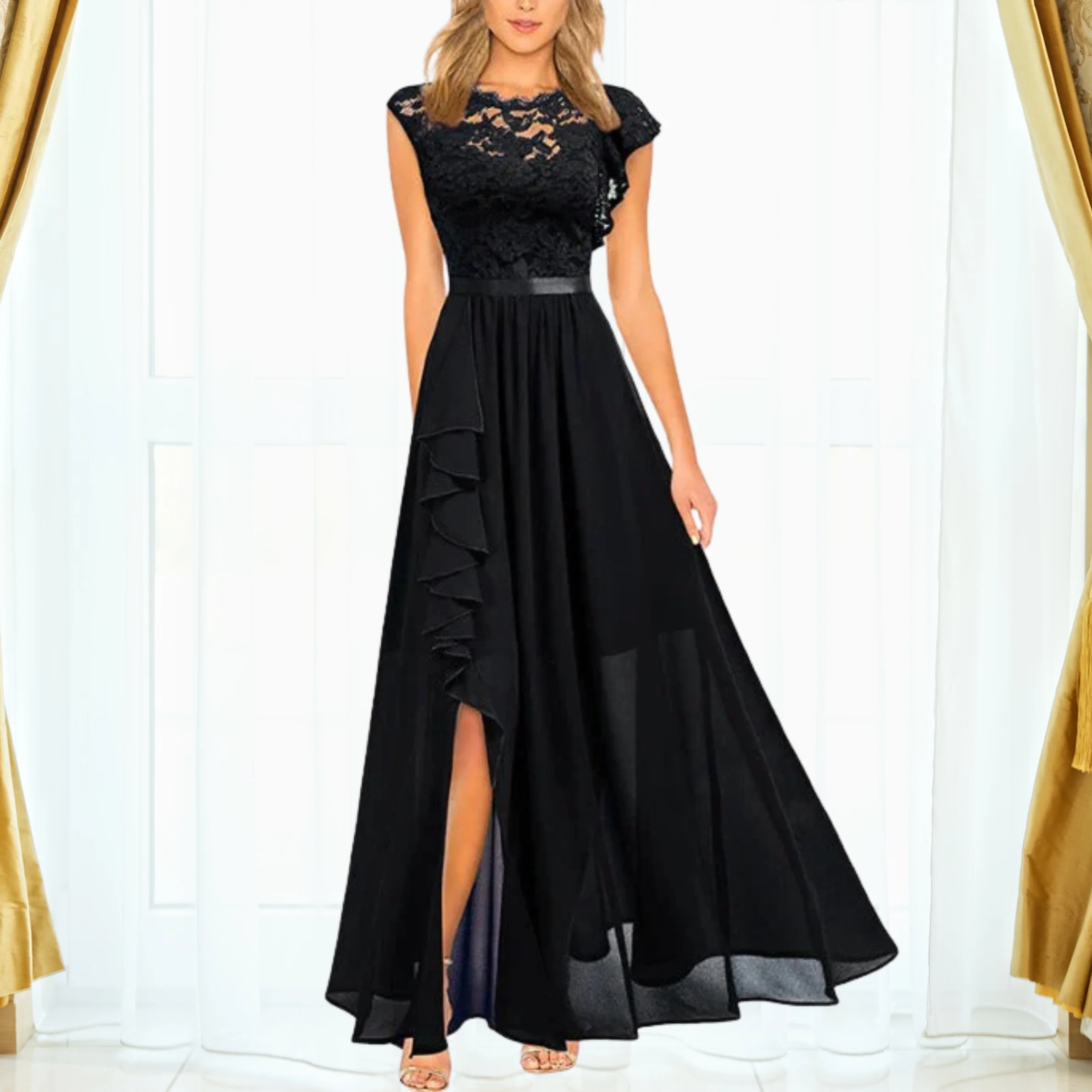 Lucienne | Women's Lace Bodice Maxi Dress Cap Sleeve Chiffon Evening Gown - Image 2