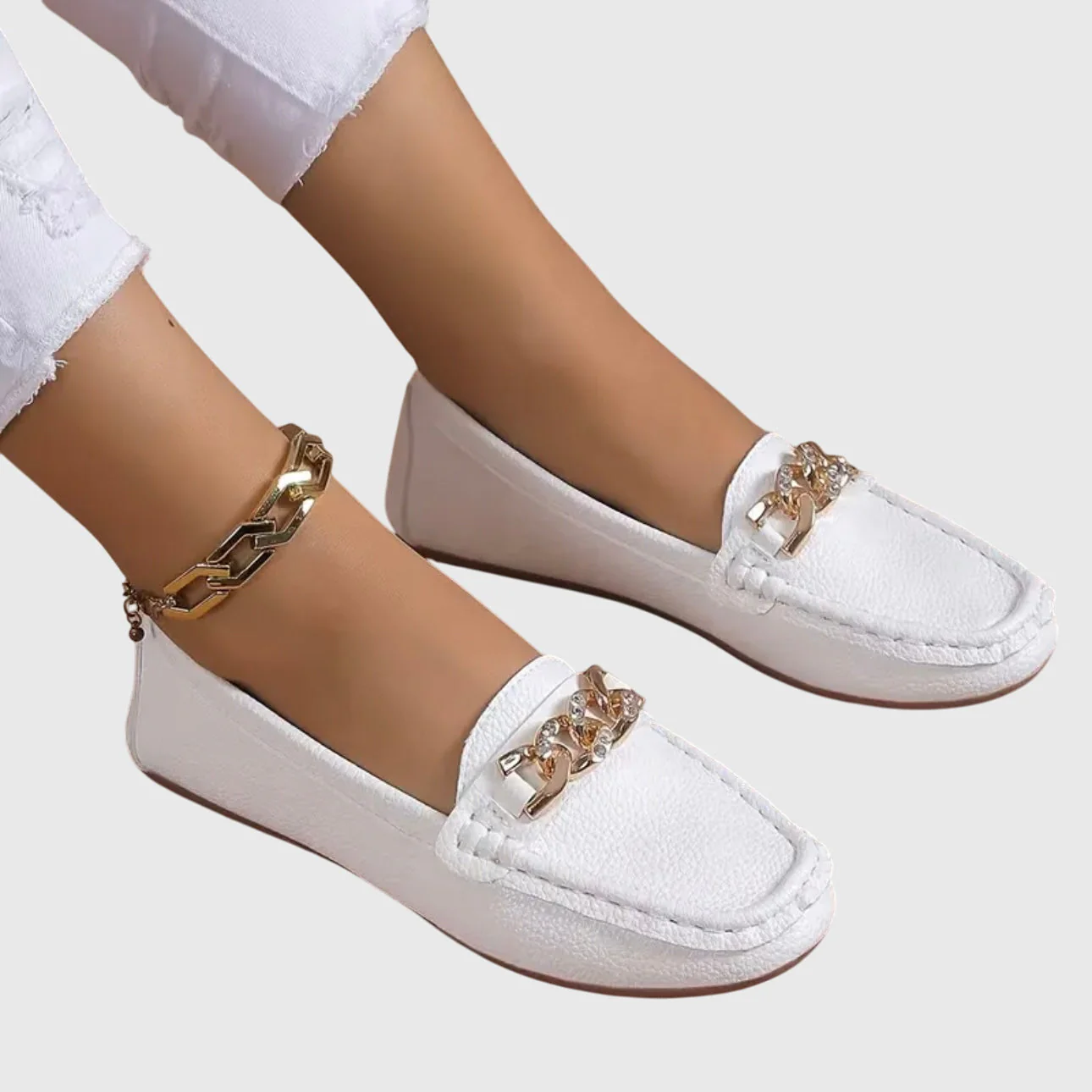 Luna | Women's Gold Chain Loafers Round Toe Slip-On Flats - Image 10