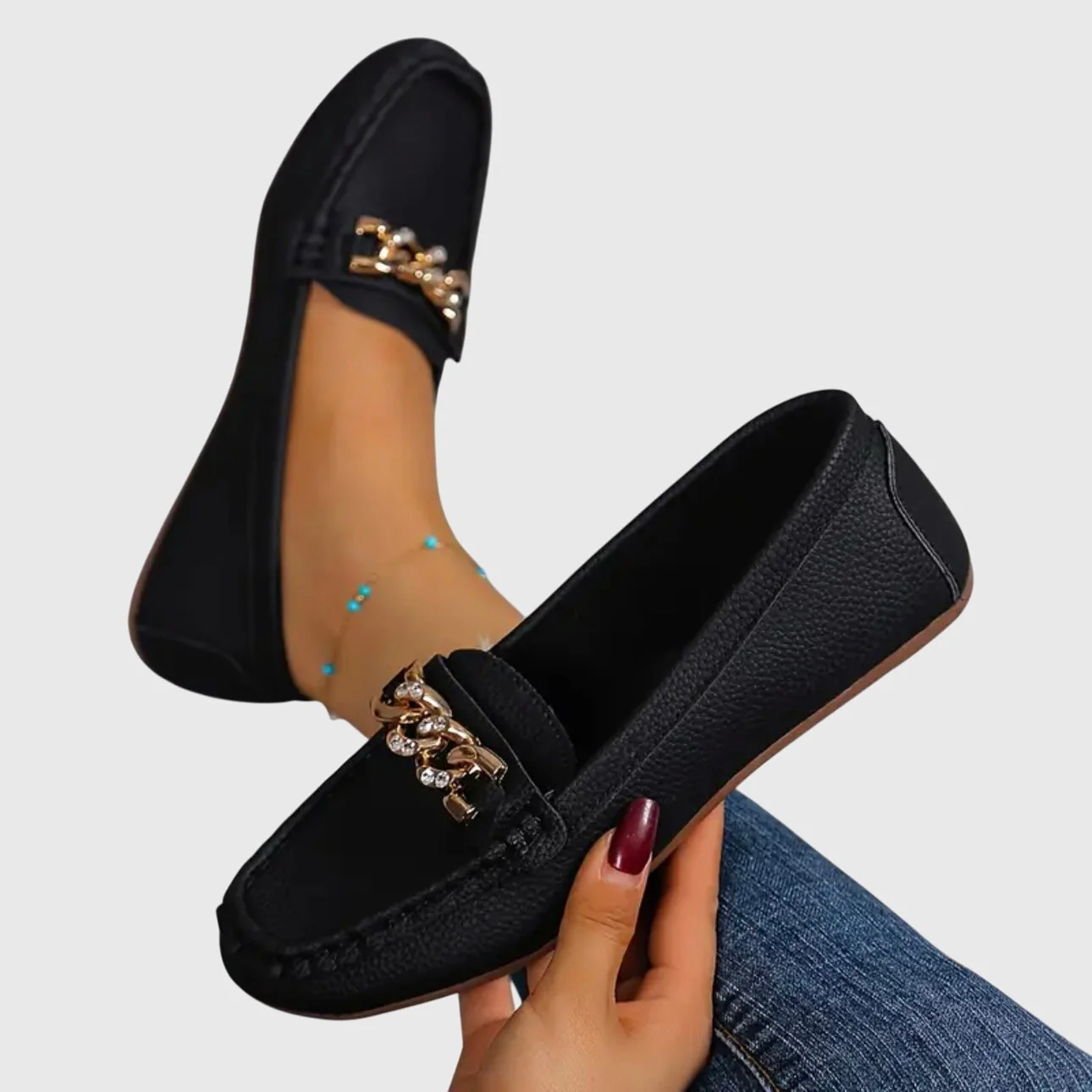 Luna | Women's Gold Chain Loafers Round Toe Slip-On Flats - Image 11