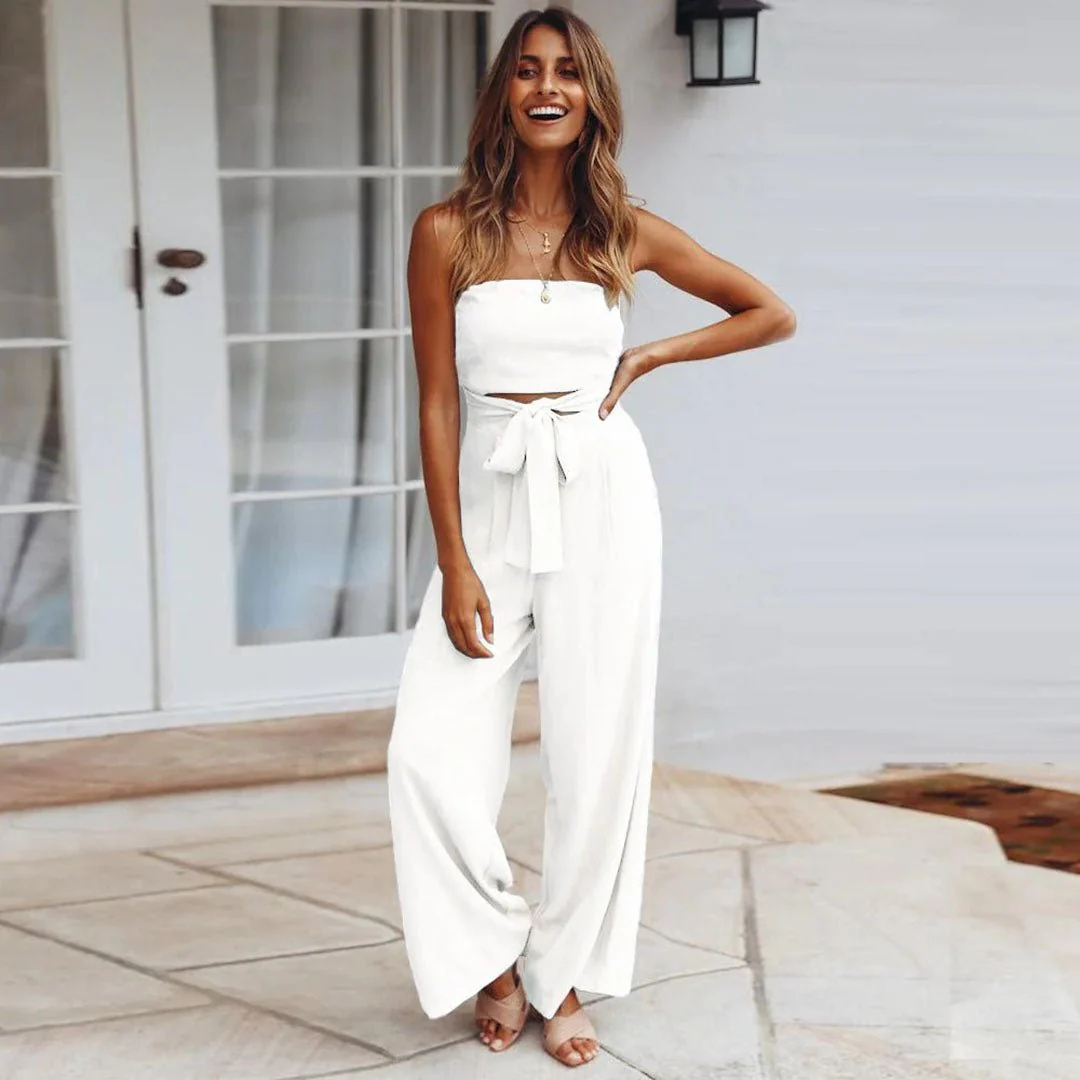 Luna | Women's Strapless Wide Leg Jumpsuit Tie Waist - Image 5