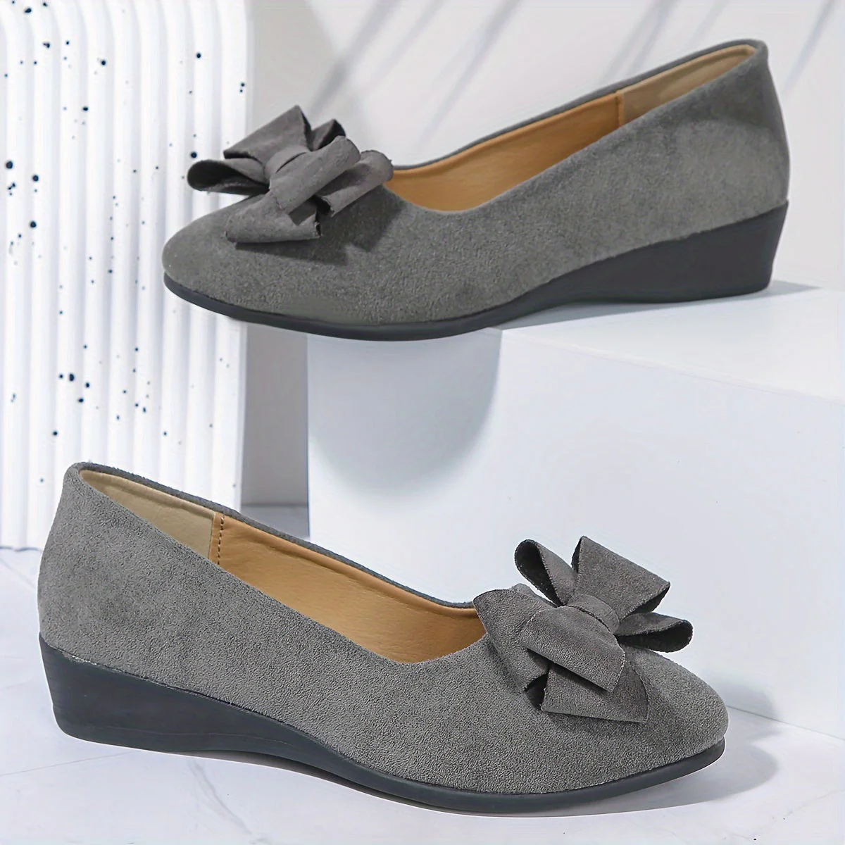 Maisie | Women's Wedge Ballet Flats Bow Detail Suede Slip On Shoes - Image 16