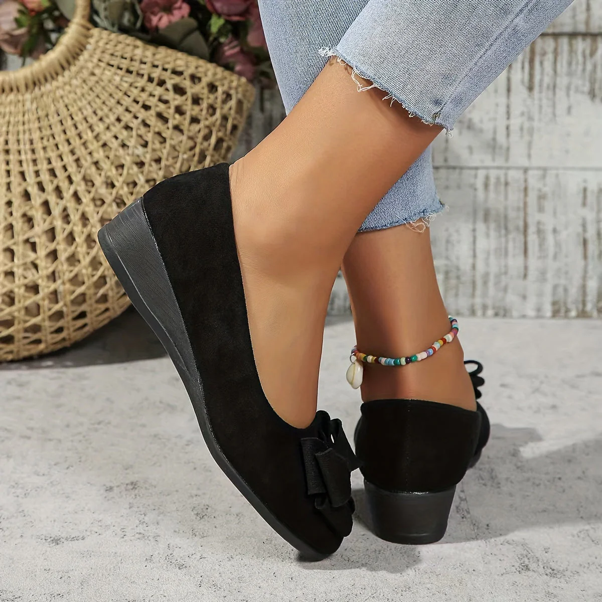 Maisie | Women's Wedge Ballet Flats Bow Detail Suede Slip On Shoes - Image 19