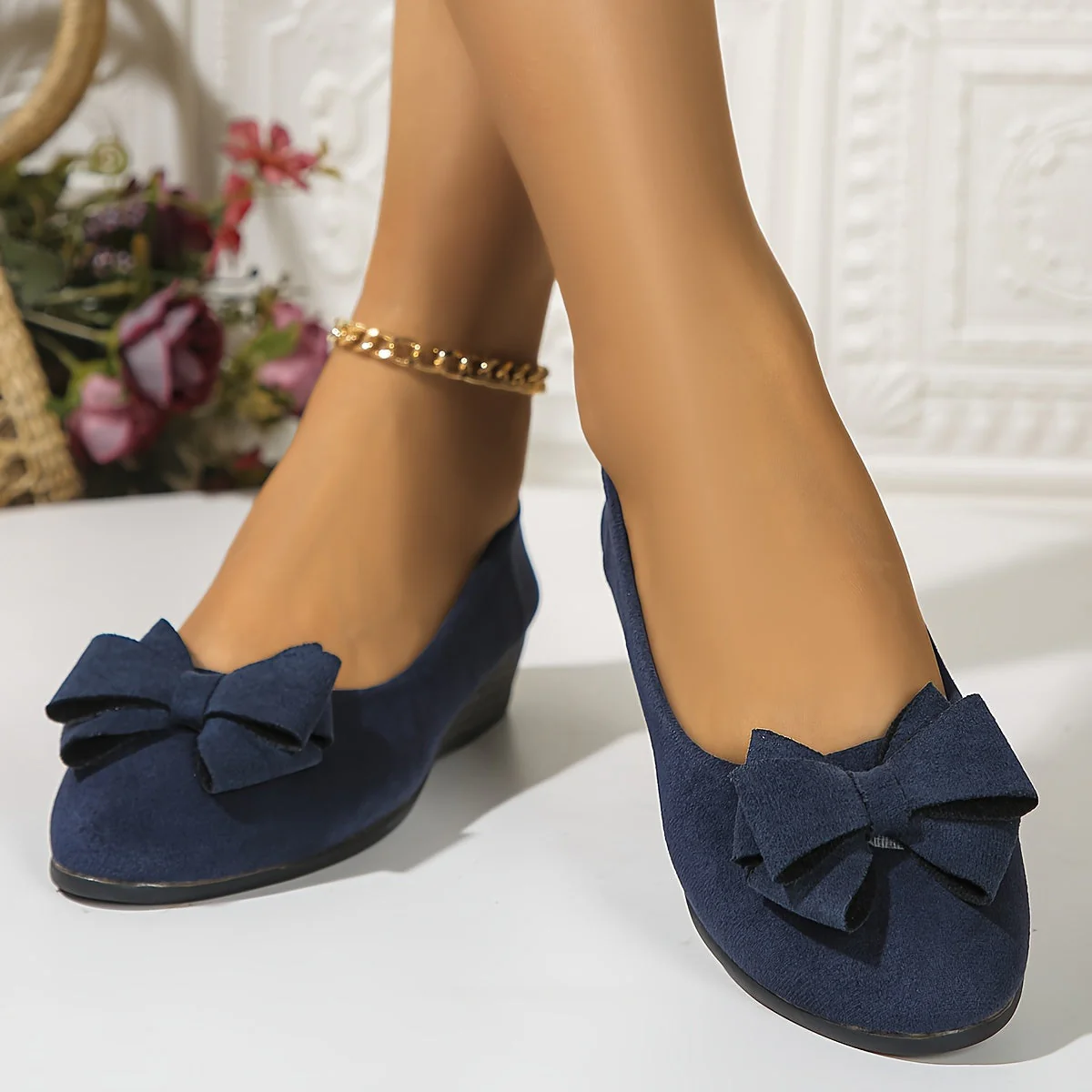 Maisie | Women's Wedge Ballet Flats Bow Detail Suede Slip On Shoes - Image 24