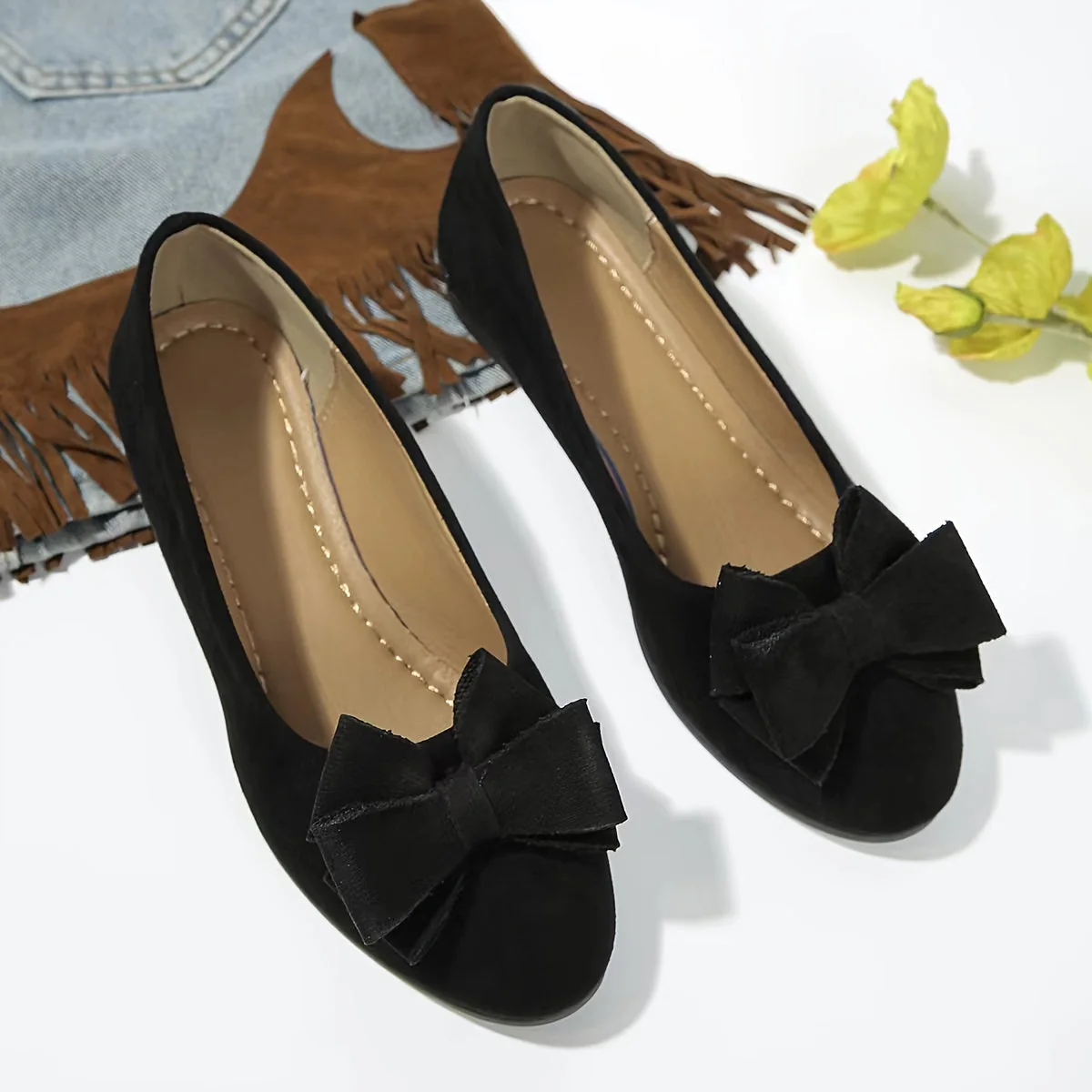 Maisie | Women's Wedge Ballet Flats Bow Detail Suede Slip On Shoes - Image 26