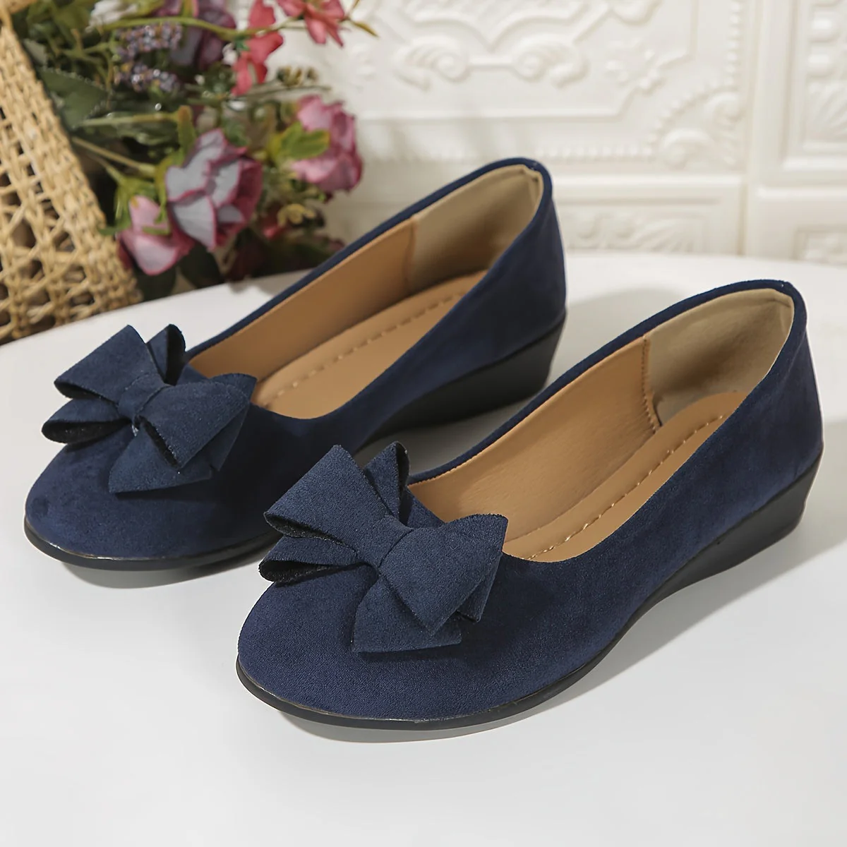 Maisie | Women's Wedge Ballet Flats Bow Detail Suede Slip On Shoes - Image 28