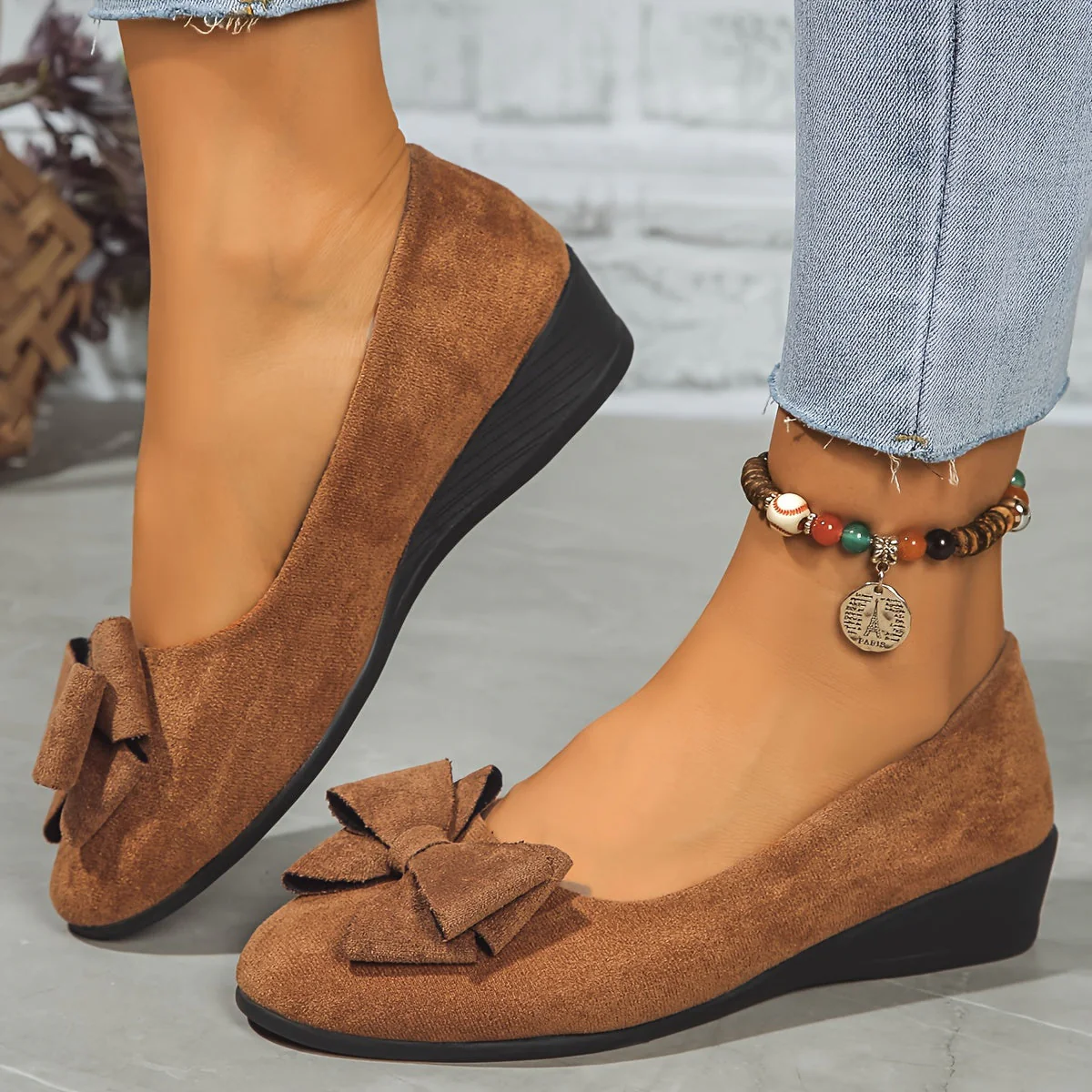 Maisie | Women's Wedge Ballet Flats Bow Detail Suede Slip On Shoes - Image 29